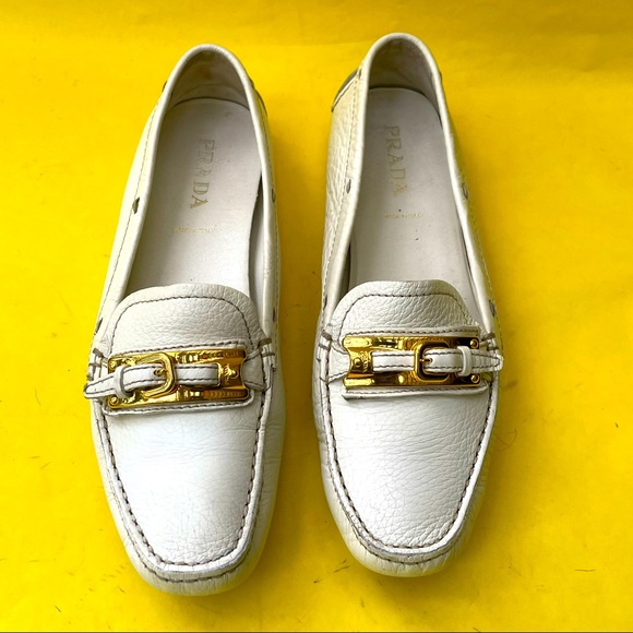 White/gold Prada pebbled leather shoes - Picture 5 of 16